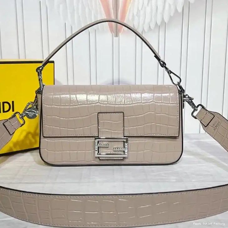 Affordable HOT Leather Medium Tiffany Bag Baguette In Fendi Khaki Crocodile 0530
